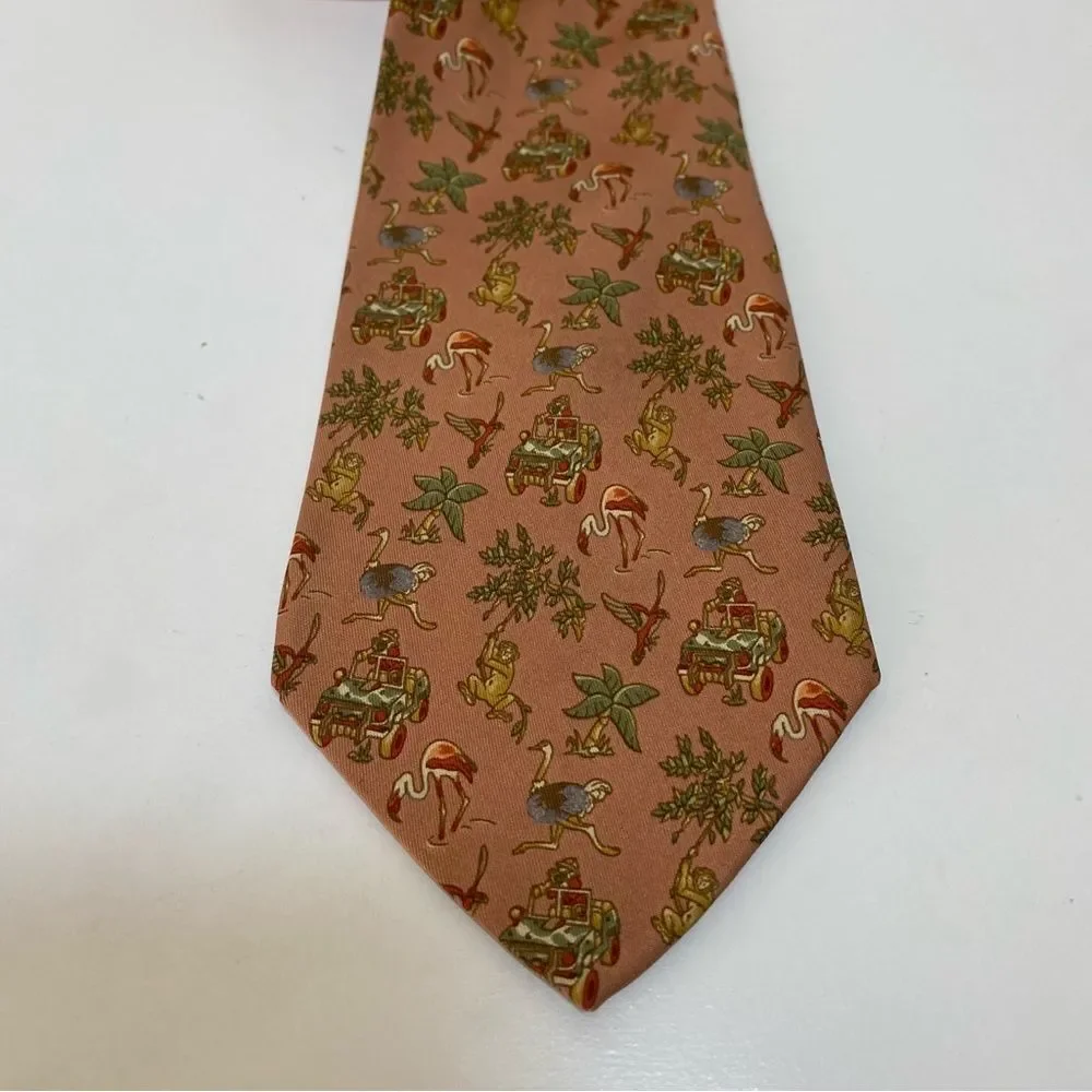 FERRAGAMO Vintage Silk Novelty Jungle Safari Monkey Ostrich Print Neck Tie Tan - Picture 2 of 8
